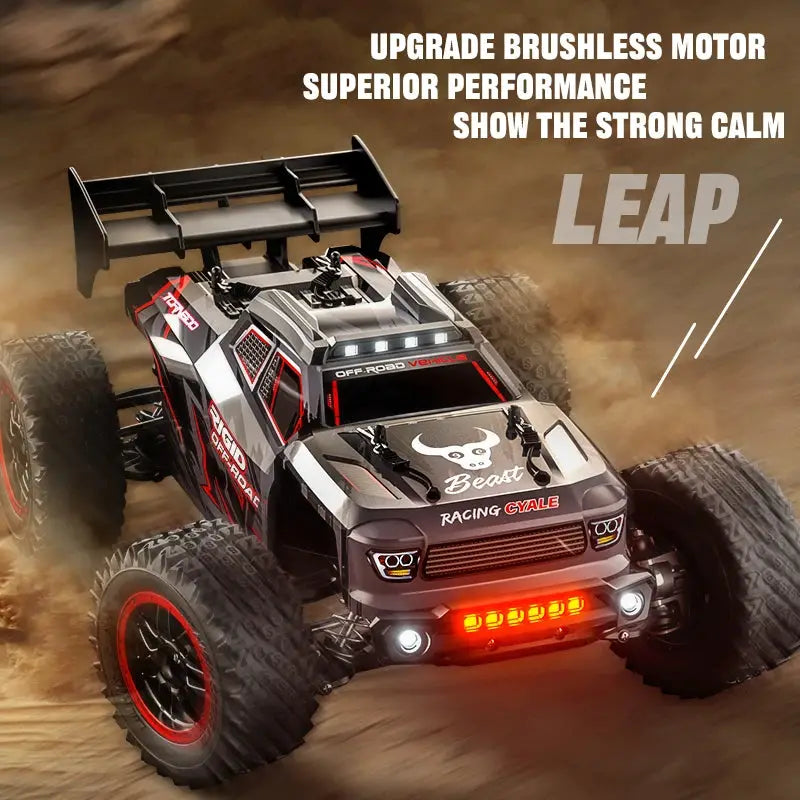 ZLL SG316 MAX 1:16 RC off-road monster truck with large tires, black/red body, rear wing and LED lights