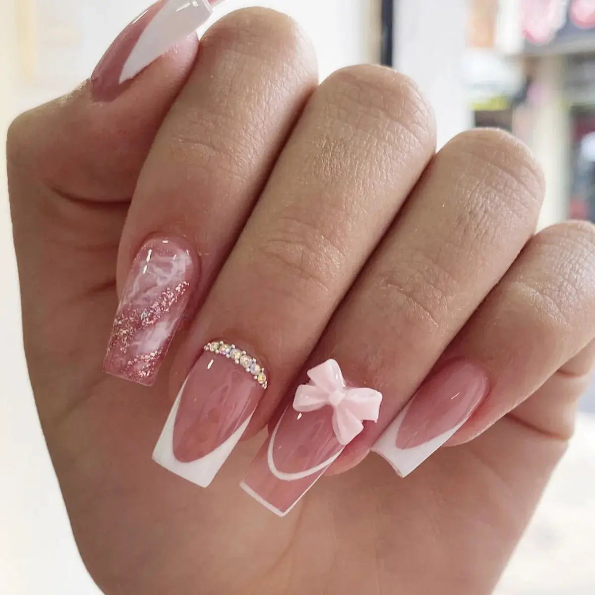 LuxeNail White French Press On Nails 3D Bowknot Full Cover Tips Durable 24Pcs DIY Manicure Set