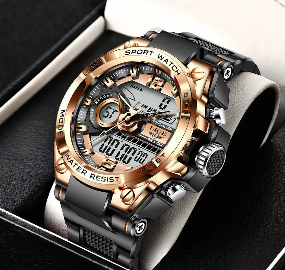 LIGE men's sport watch with rose gold bezel and black strap, digital-analog display, 50m water resistant
