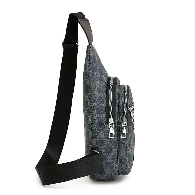 Men's multifunction messenger bag by Simples Market; grey patterned crossbody bag with earphone hole and zip pockets