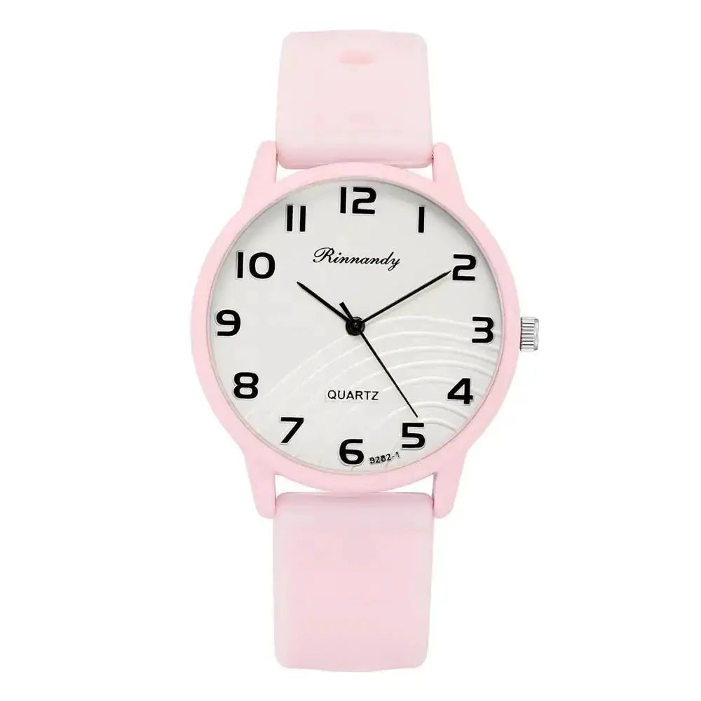 Pink silicone women's watch with white Arabic dial and quartz movement