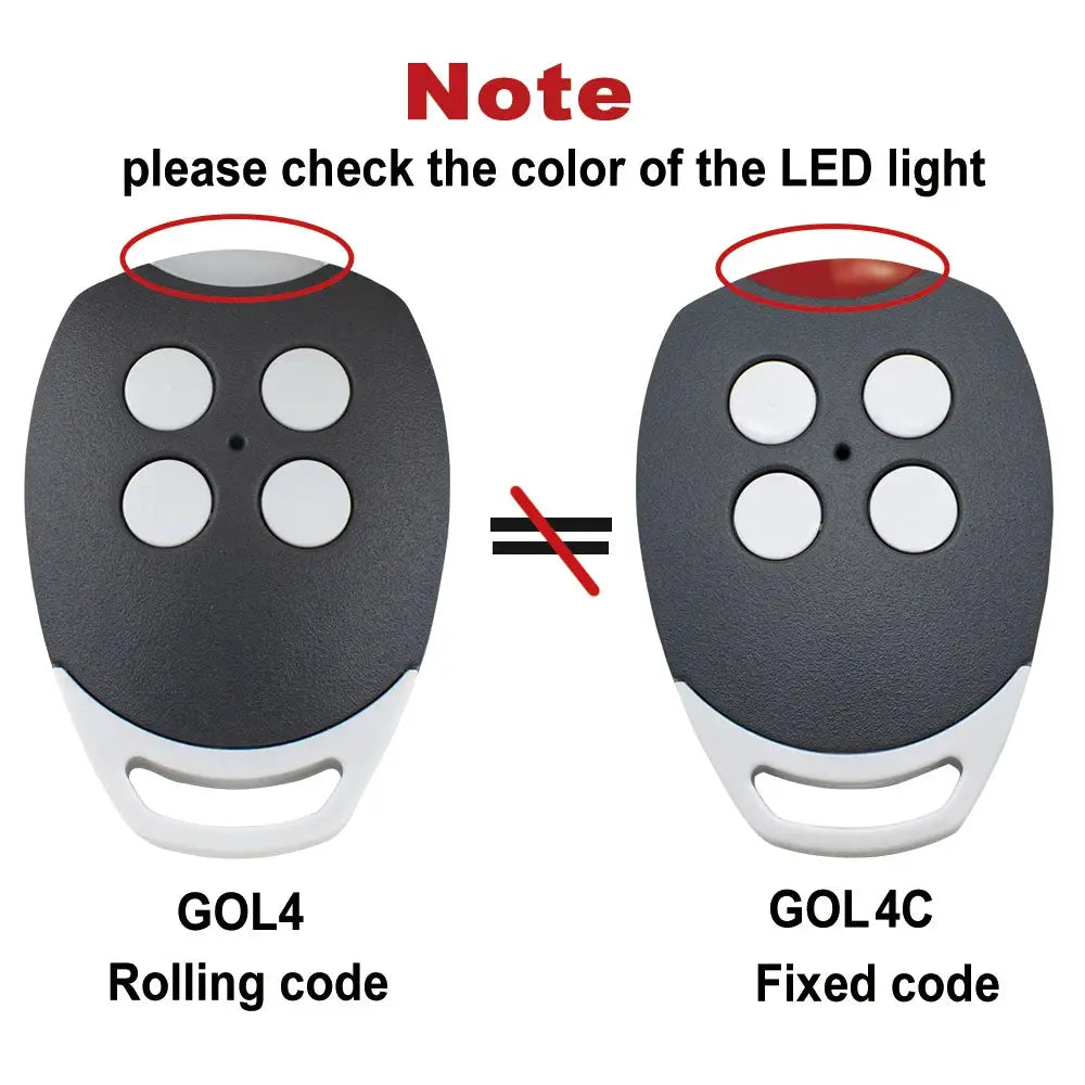 GOL4 rolling-code and GOL4C fixed-code remotes, two units, dark gray with white buttons; LED color note