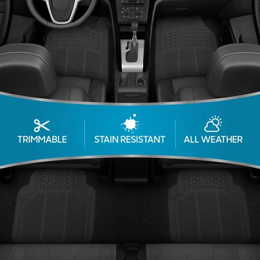 Heavy-duty rubber car floor mats, 4-piece all-weather front and rear set, anti-slip, trim-to-fit.