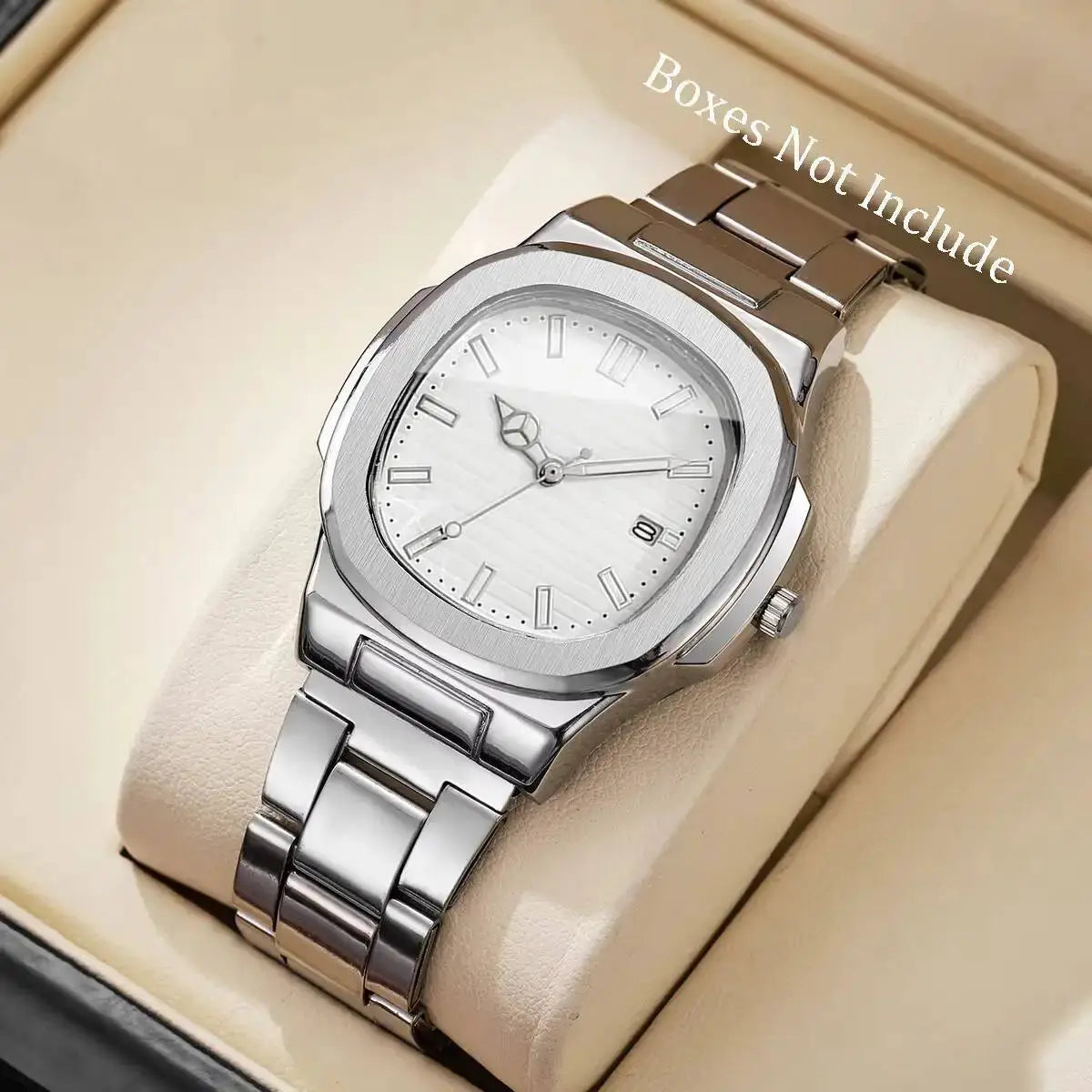 AuroraTime Luxury Square Dial Mens Business Watch Stainless Steel Strap Quartz Movement Calendar