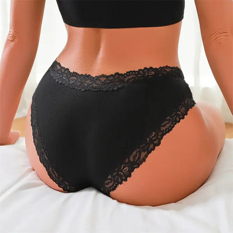 3PCS lace cotton panties for women, black floral lace, low-rise seamless briefs