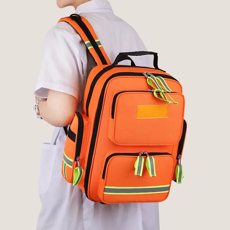 Emergency Rescue First Aid Backpack in orange with reflective strips for visibility and easy access to medical supplies.