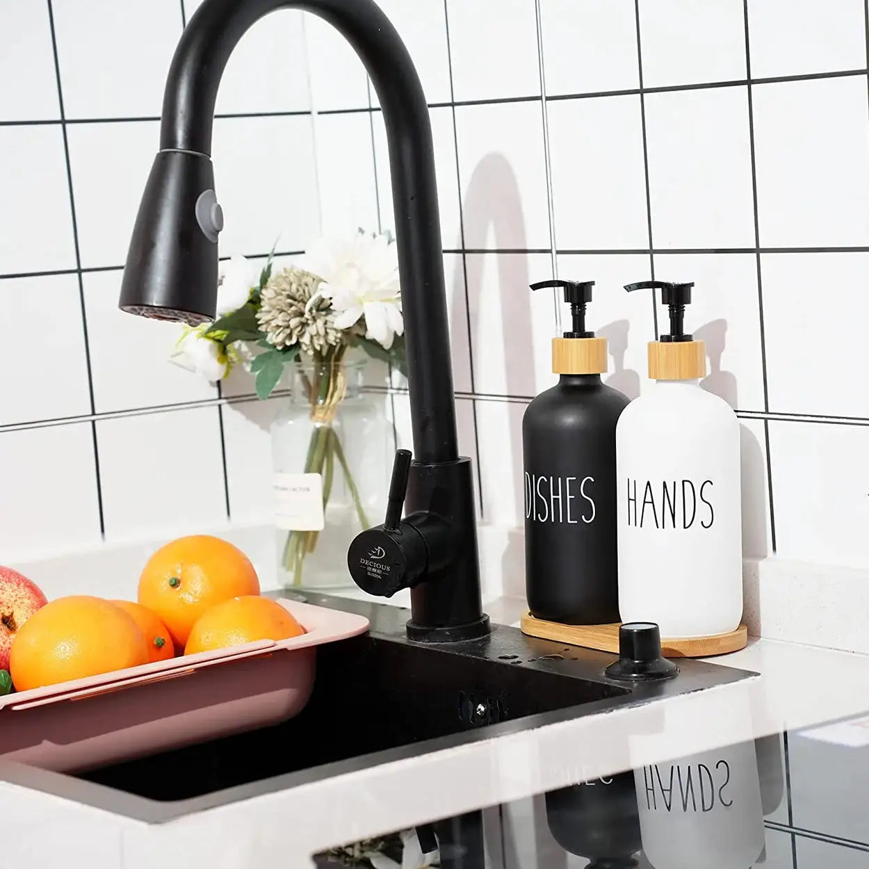 Black Dish Soap Dispenser Set for Kitchen Sink Refillable Bottles for Hand Soap and Dish Detergent