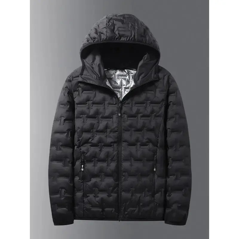 Men's black quilted hooded puffer jacket with front zipper and zip pockets.