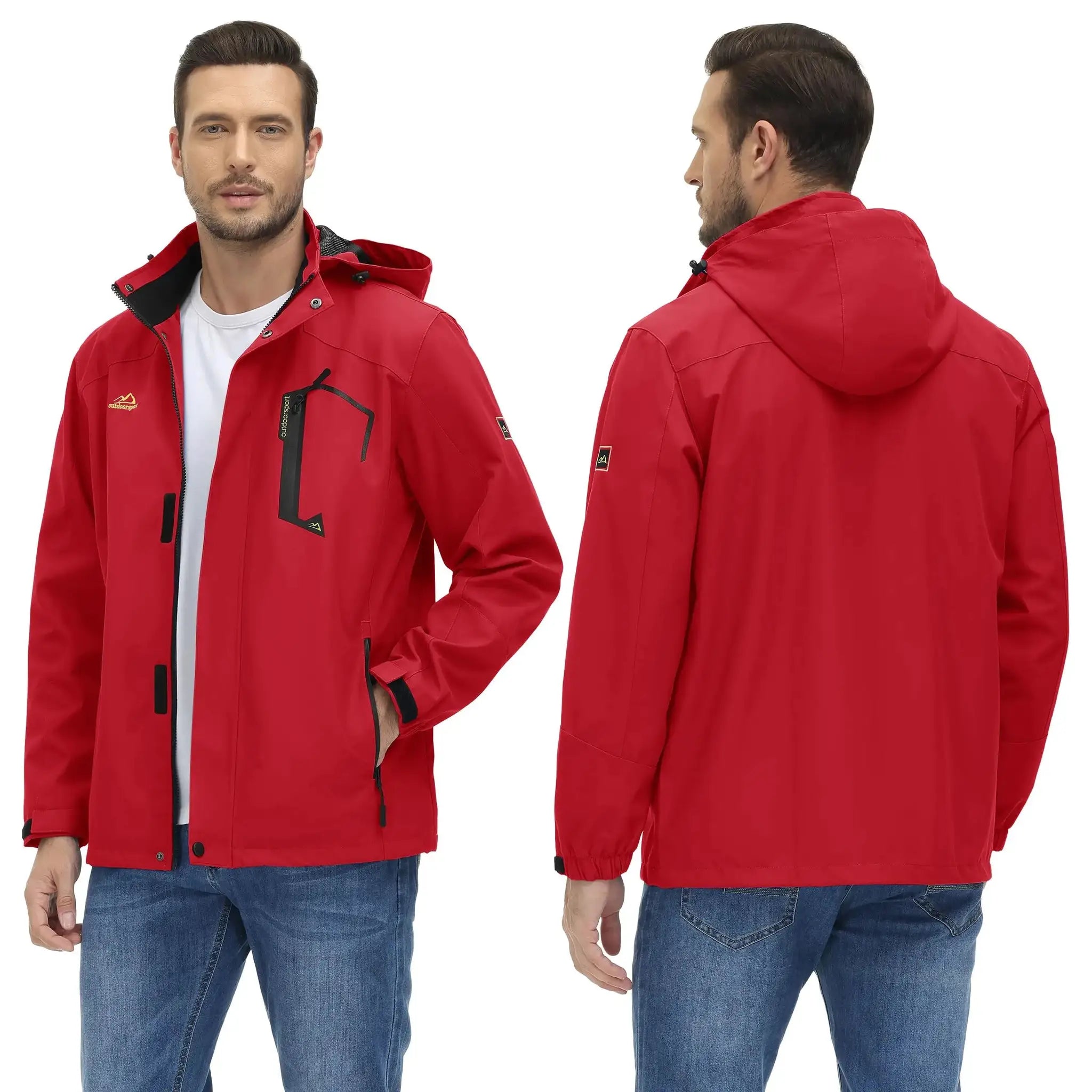 TACVASEN men's red waterproof rain jacket with hood, mesh-lined interior, zip pockets; Simples Market brand.