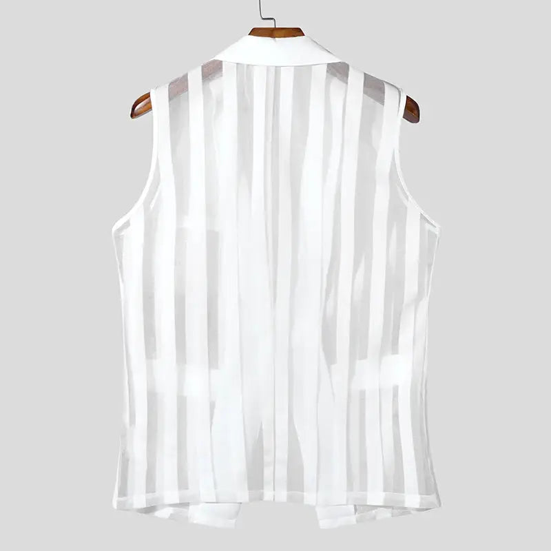 Men's white mesh striped sleeveless waistcoat, transparent fabric with lapel