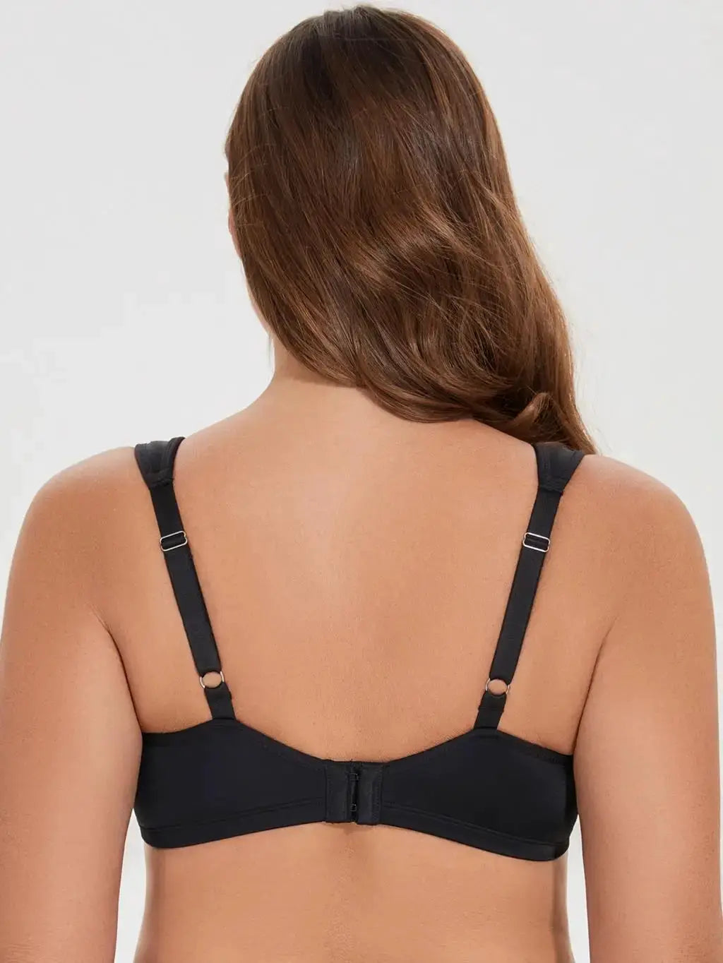 MELENECA women's minimizer underwire bra in black, back view with adjustable straps and back clasp.