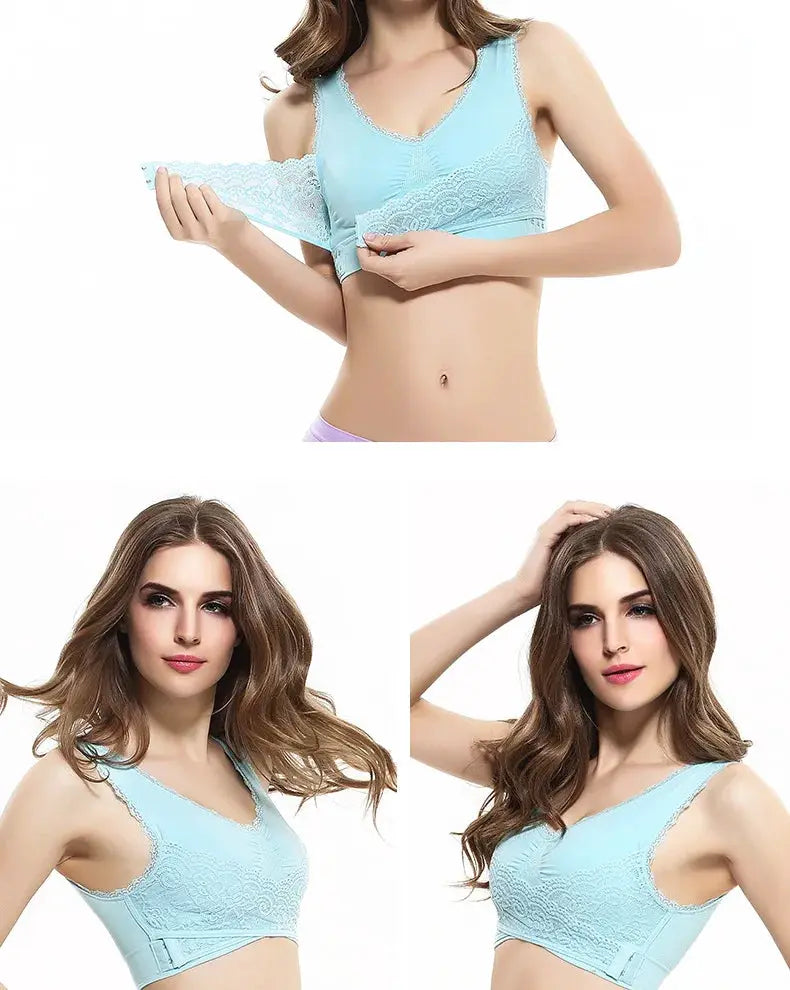 Light blue lace bralette; seamless, wide-strap design, shown in three angles