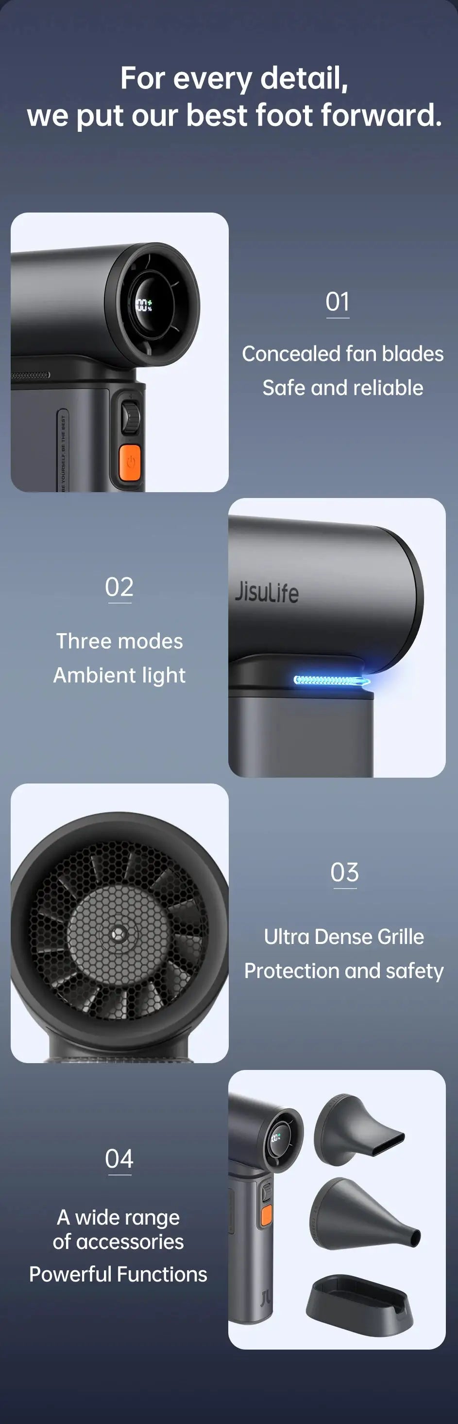 JISULIFE portable turbo handheld fan; black with LED display and 9000mAh battery