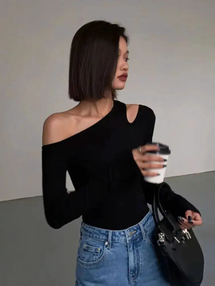 Skew Collar Off Shoulder Long Sleeve Crop Top Women Spring Solid Slim Fit Hollow Out Tee Shirt
