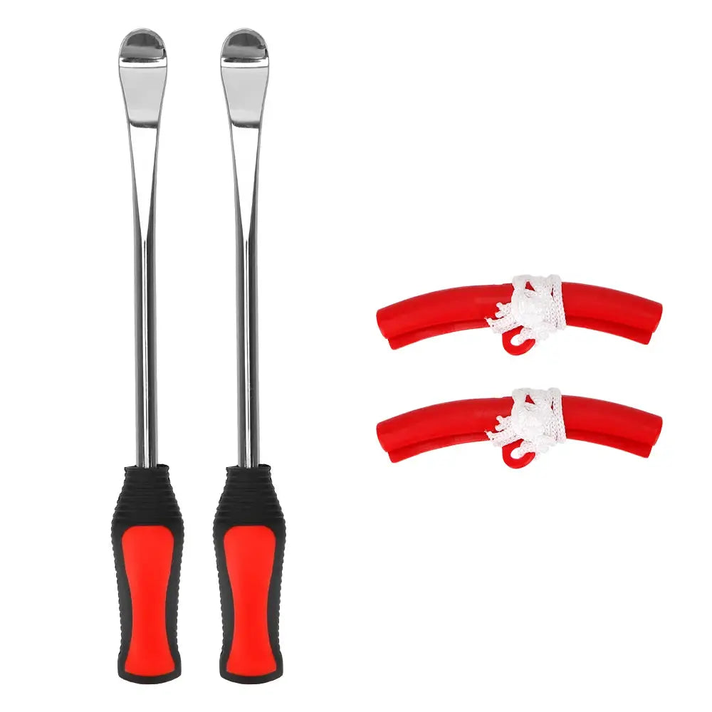 Rim protector tire lever set by Simples Market: two stainless spoons with red/black grips and two red rim protectors