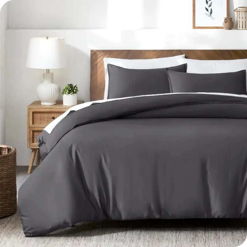 Simples Market Summer Cooling Quilt Cover Set, 3pcs charcoal gray duvet cover with white piping, silky lyocell bamboo