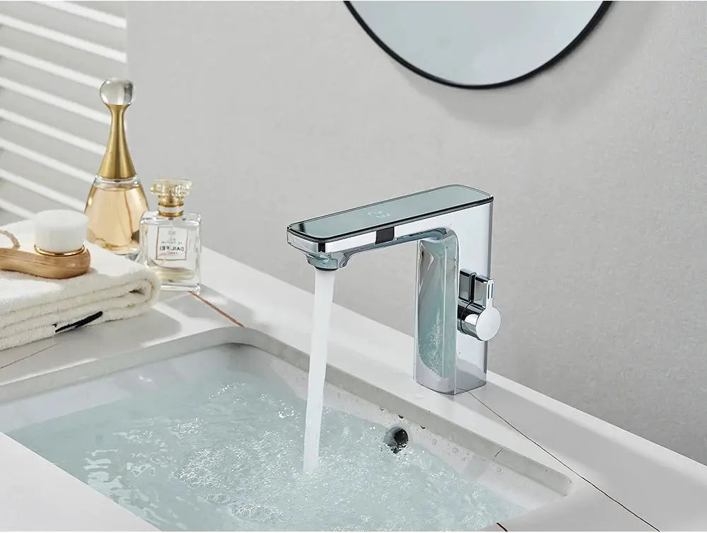 Smart sensor basin faucet with digital display; chrome finish, touchless hot/cold vanity sink mixer