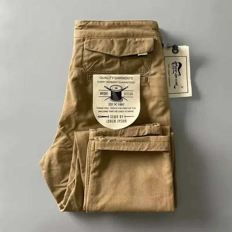 Cargo pants by Simples Market in khaki pure cotton, heavy-duty, loose straight-leg