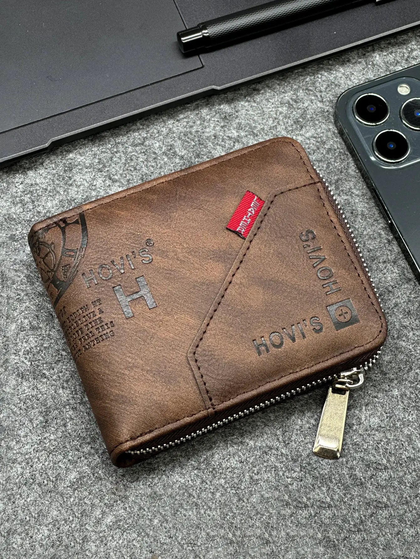 Zippered slim PU wallet in brown with a red tag, designed for coins and cards.