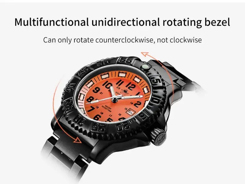 Men's military-style watch with orange dial, black unidirectional bezel, nylon-steel strap, waterproof quartz