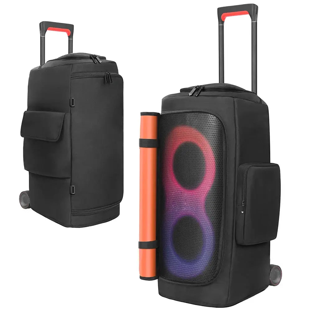 Portable speaker carry case for JBL PartyBox (310–710) by Simples Market, black rolling bag with mic pocket and side pocket