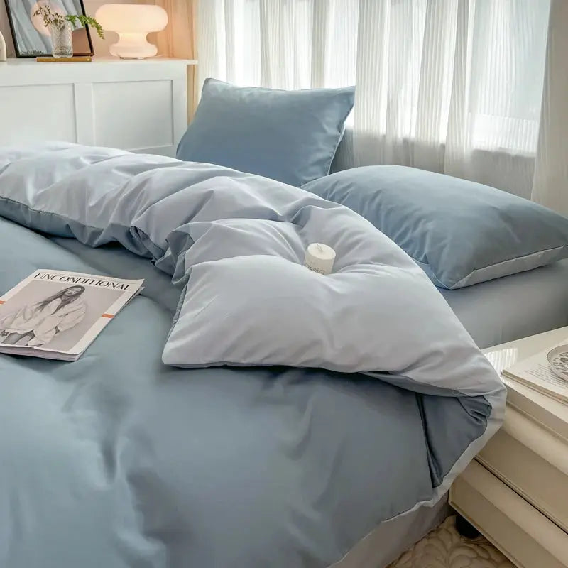4-piece brush-fabric bedding set by Simples Market in blue-gray; duvet cover, pillowcases, sheet