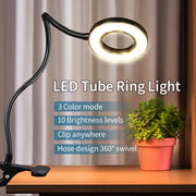 LED desk clip ring light by Simples Market, black USB lamp with flexible gooseneck, 360° swivel, 3 color modes