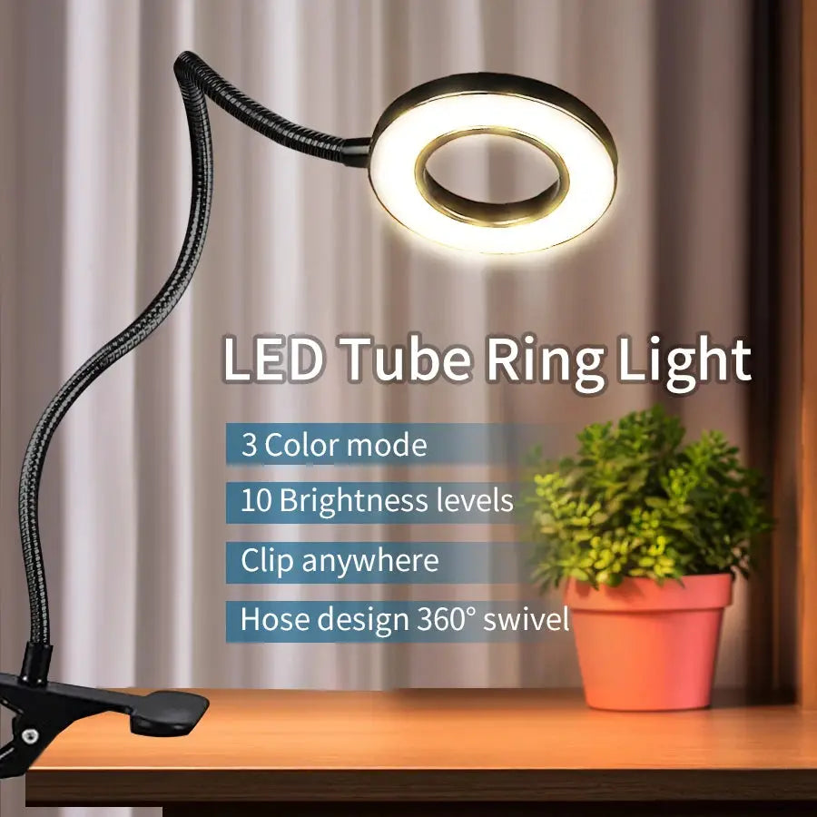 LED desk clip ring light by Simples Market, black USB lamp with flexible gooseneck, 360° swivel, 3 color modes