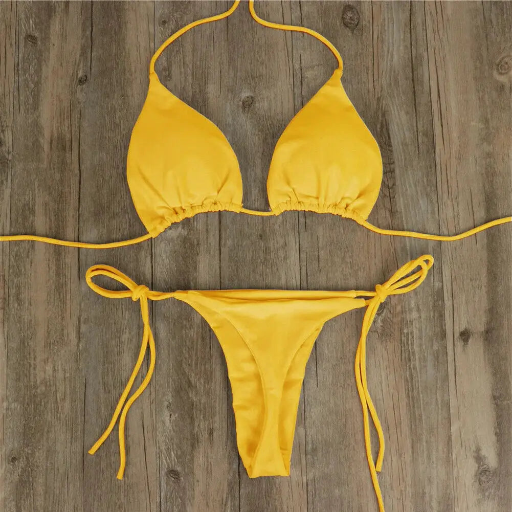Women’s yellow bikini set with triangle top and tie-side thong bottom