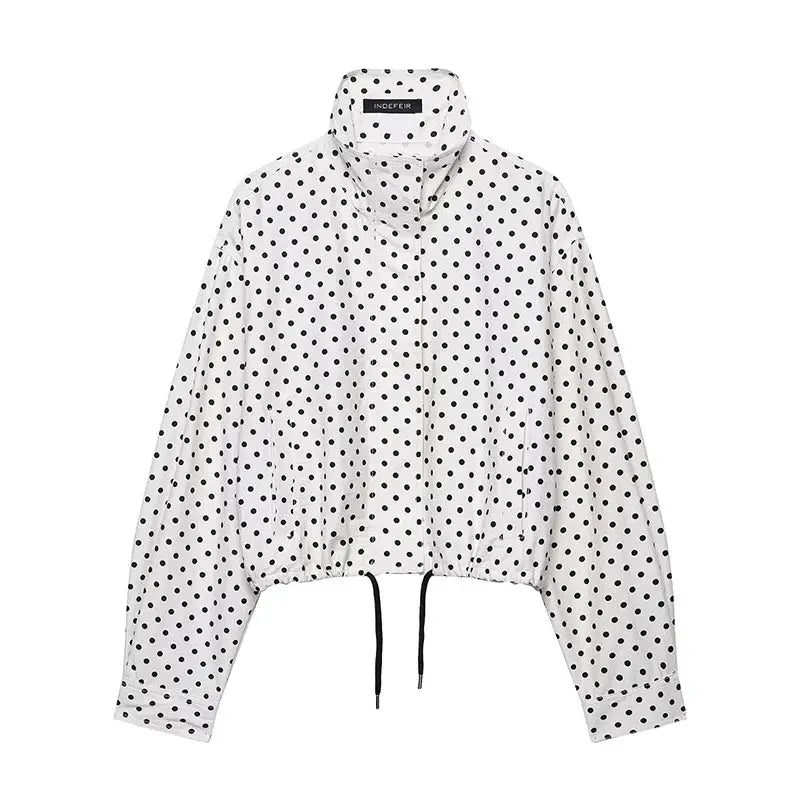 PolkaChic Polka Dot Print Short Coat For Women Elegant Office Ready Long Sleeve Jacket Regular Fit Polyester