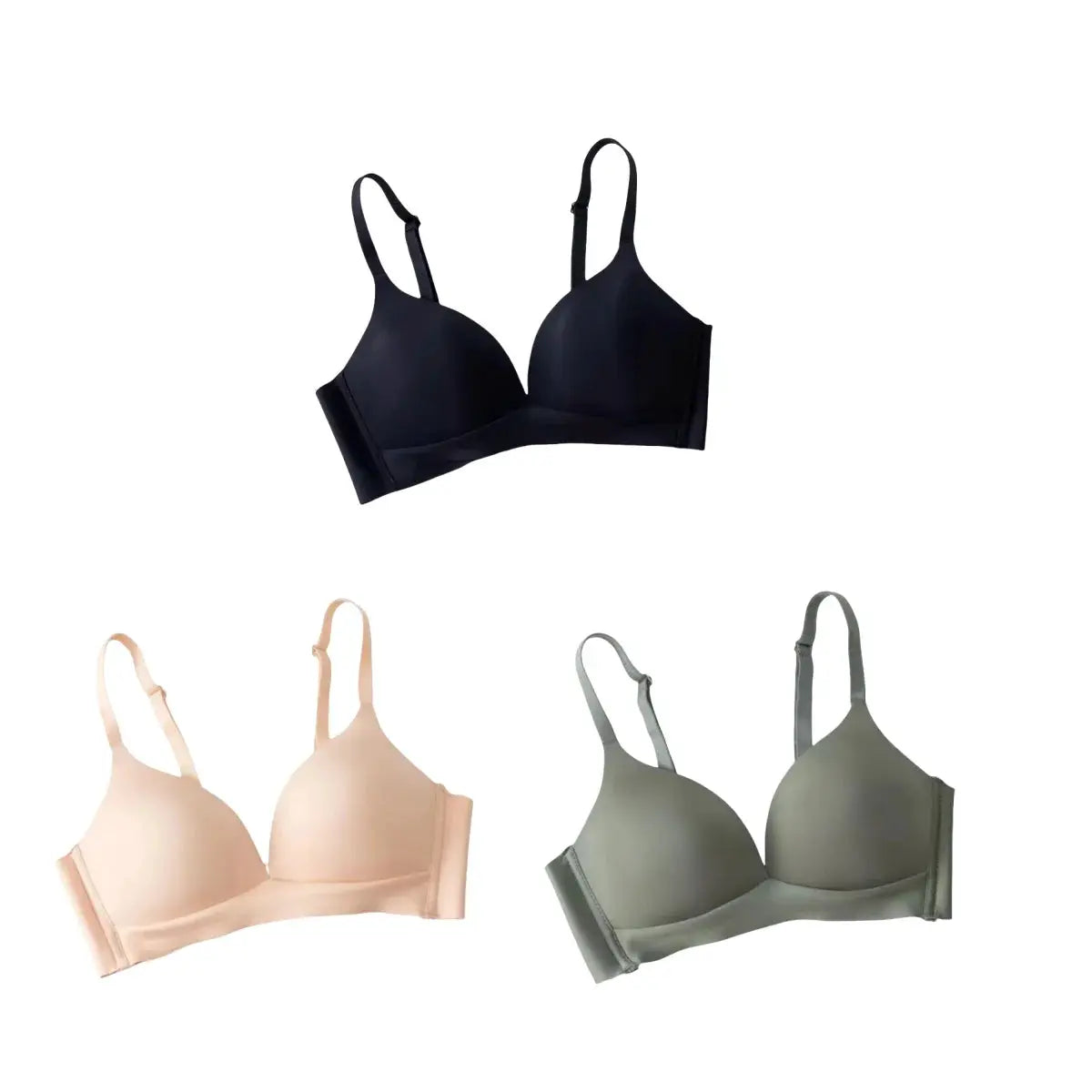 3-pack seamless bras for women, non-wire glossy push-up, in black, nude, gray-green by Simples Market