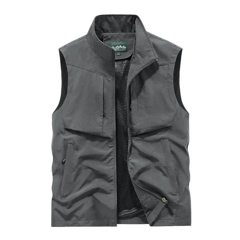 Men's gray outdoor cargo vest with breathable mesh and zippered pockets, sleeveless