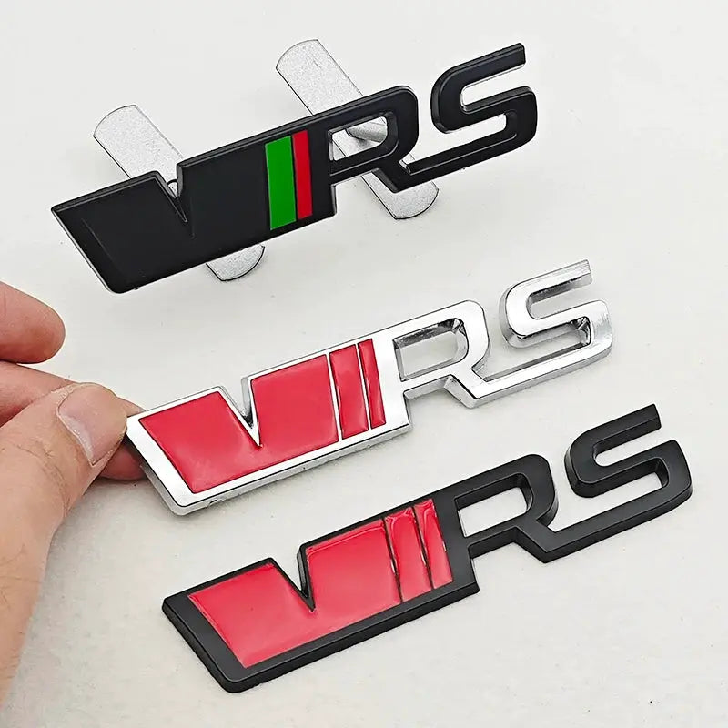 3D metal VRS car badge emblems set of 3 in black with green/red stripe, white with red bars, and black with red bars