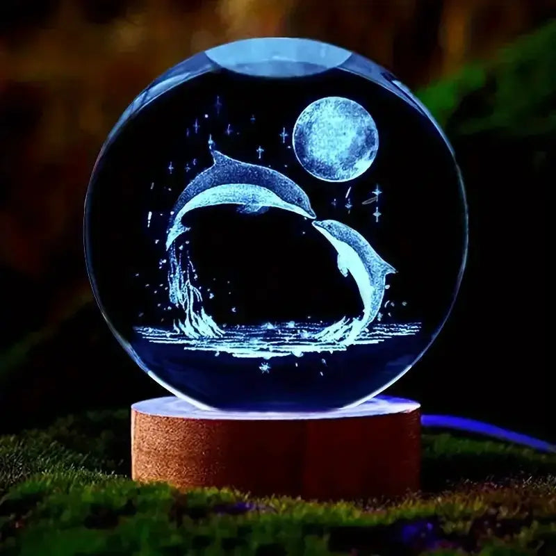 3D dolphin moon crystal ball lamp with blue LED illumination on a wooden base, Simples Market.