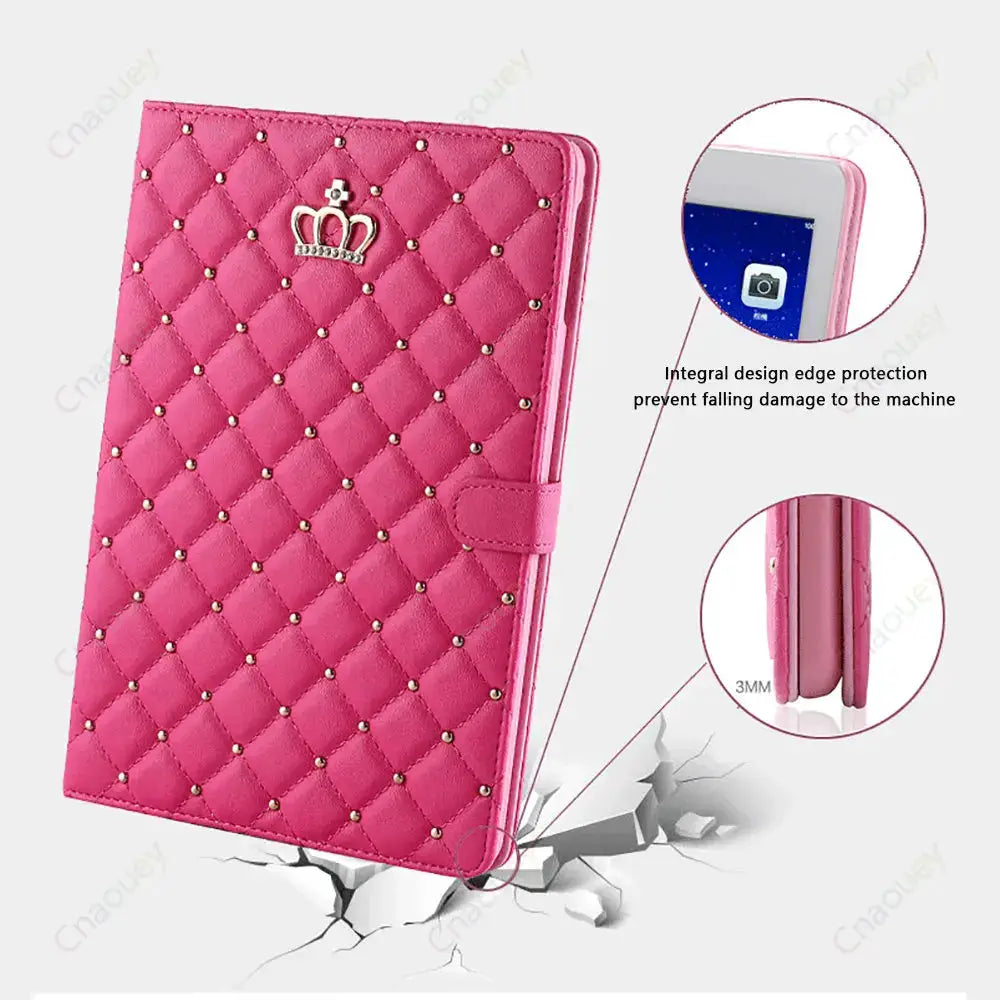Ipad Lambskin Stand Smart Case Crown Rivet Design Plaid Pattern Scratch Resistant PU Leather