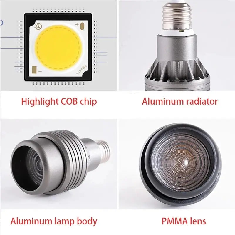 Simples Market Focusing LED Spotlight, E27 base, 110–220V, warm/neutral light, aluminum lamp body, PMMA lens