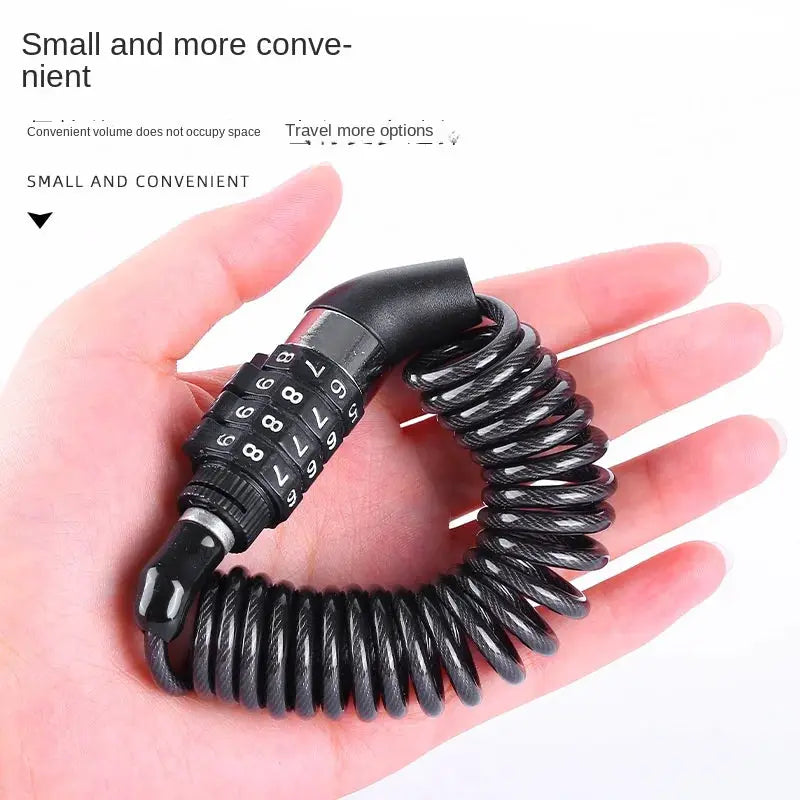 Bicycle lock with black coiled steel cable and 4-digit combination dial.