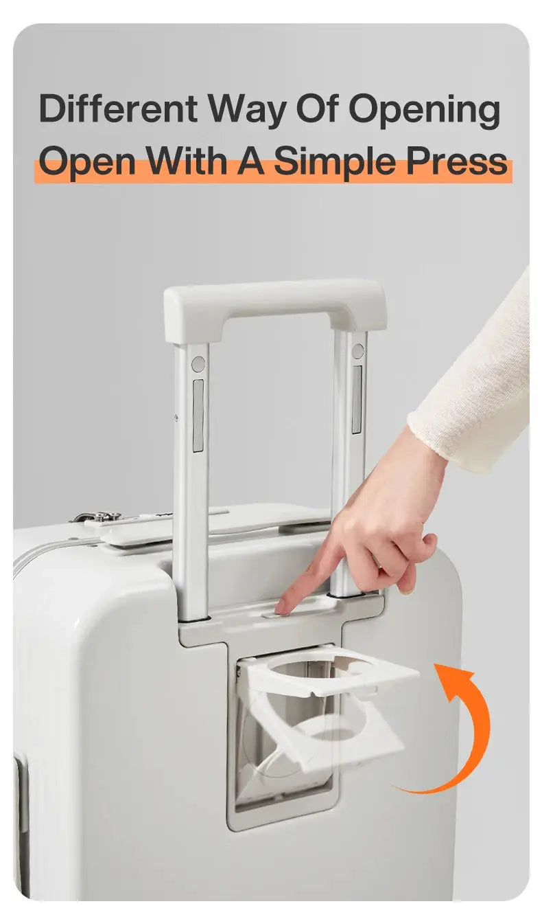 Simples Market Mixi aluminum-frame carry-on suitcase with USB port, cup and phone holder, white