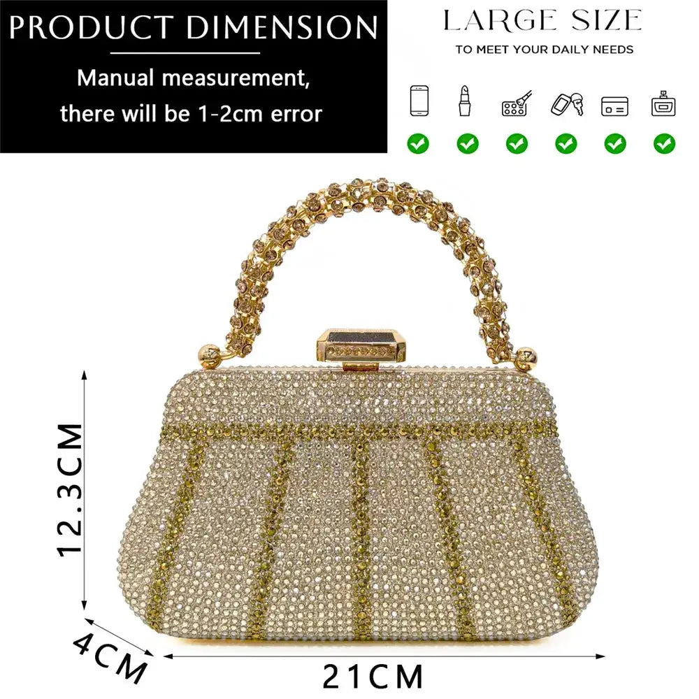 Jeweled evening clutch by Simples Market with rhinestone embellishments and gold-tone chain handle, 21x12x4 cm