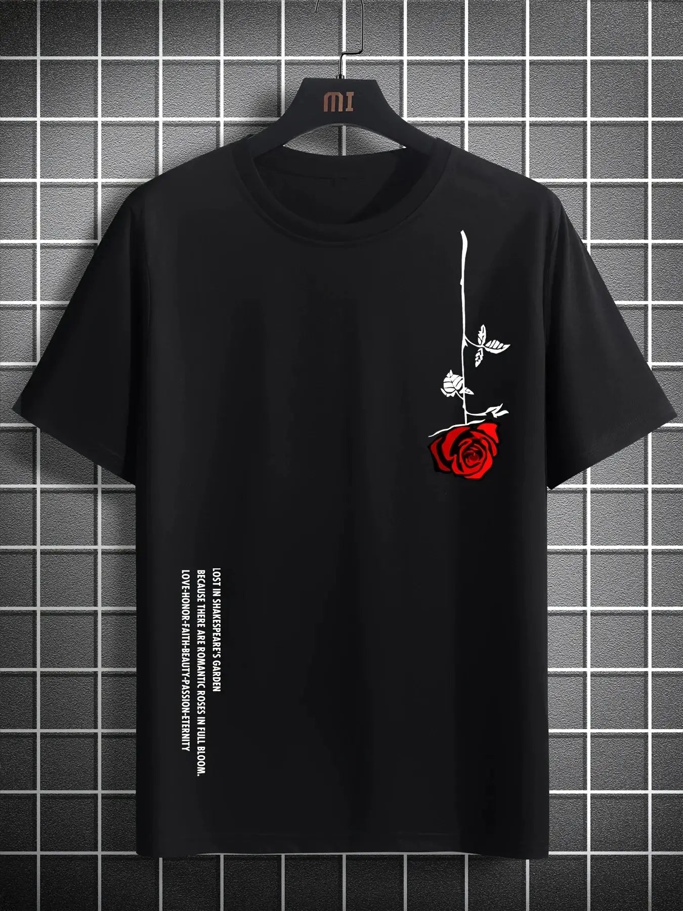 Men's 100 Percent Cotton Rose Print T Shirt Summer Casual Slim Fit Round Neck Short Sleeve Top