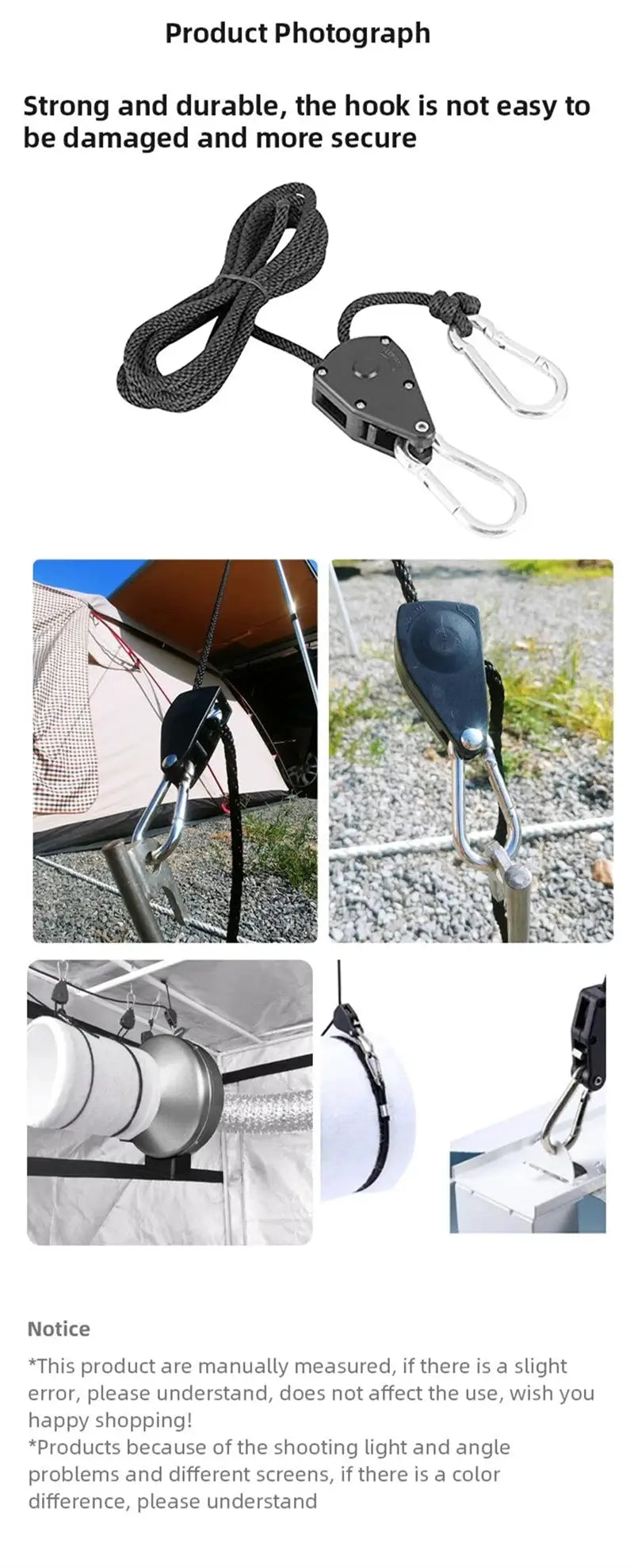 Awning wind rope lanyards, 4pc, 8-inch adjustable with metal carabiners for tent, fan and lamp by Simples Market
