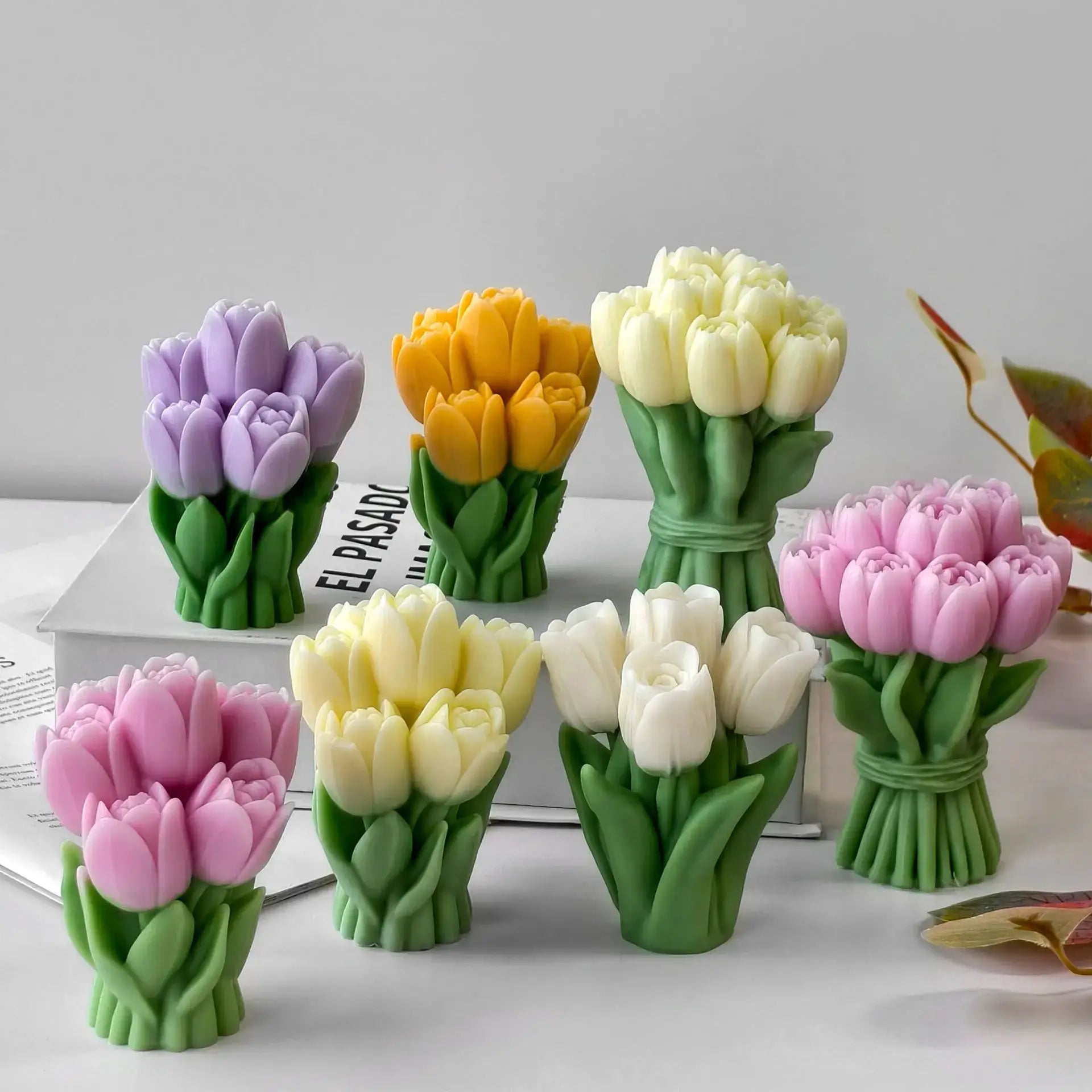 Tulip bouquet silicone molds for candles and soaps; colorful lavender, yellow, white, and pink sets
