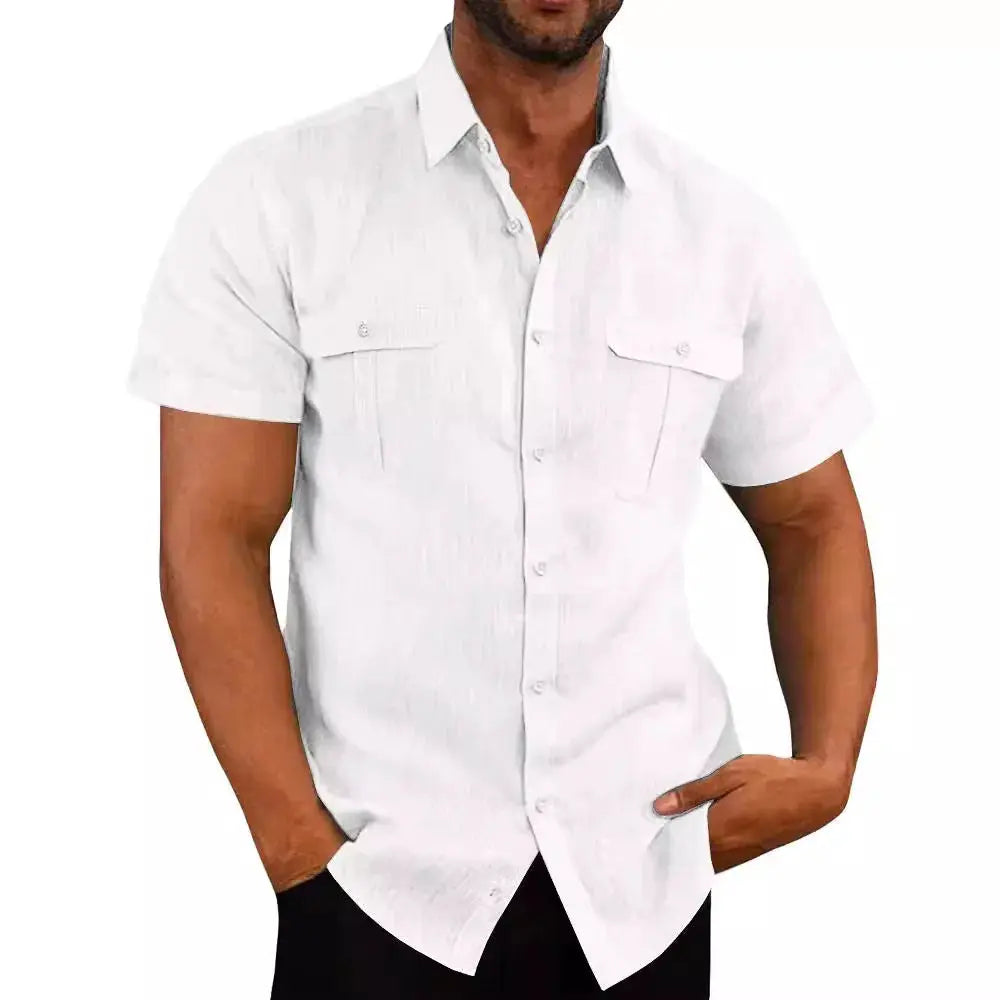 Men's white cotton-linen short-sleeve shirt with double chest pockets, slim fit, Simples Market.
