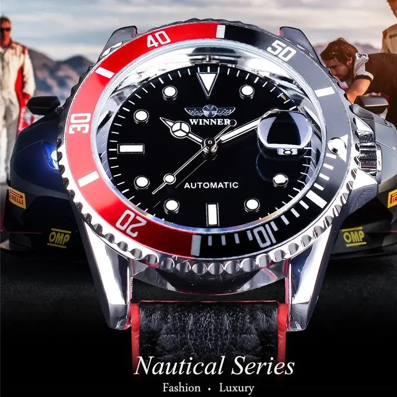 Winner 002 Automatic Mechanical Wristwatch Luminous Hands And Date Display Stainless Steel And Leather Strap For Men