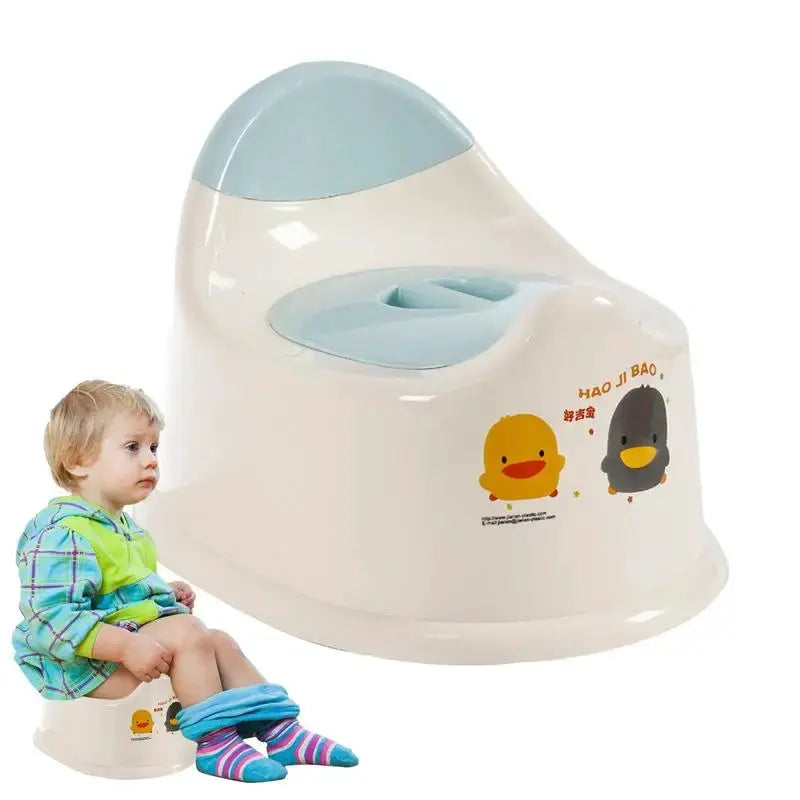 Toddler potty seat by Simples Market with blue lid, lightweight, spill-proof, easy-clean and duck graphics