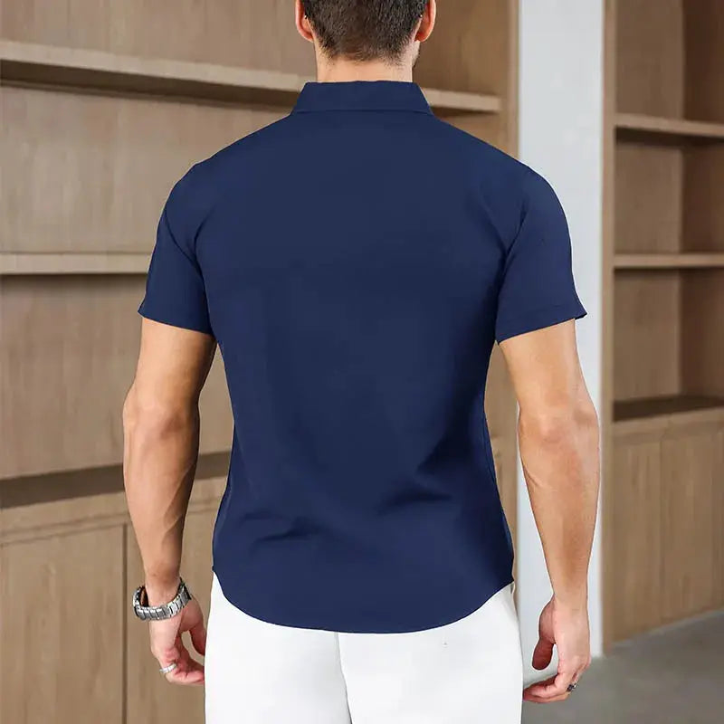 Men's navy blue solid-color short-sleeve business casual shirt, back view