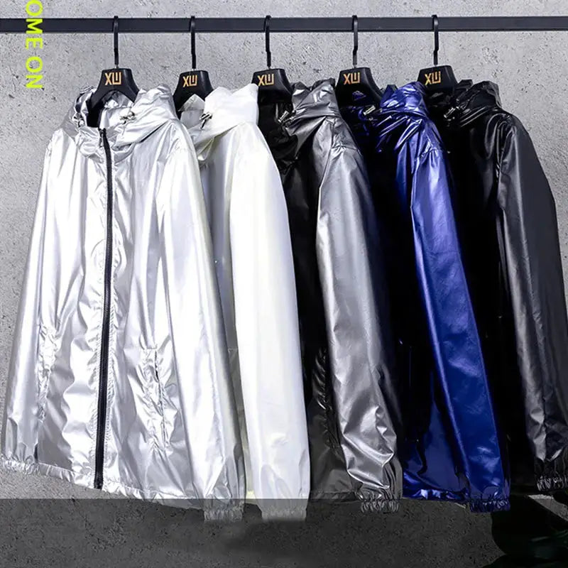 Men's shiny hooded bomber jackets on a rack; 7 color options including silver, white, gray, blue and black by Simples Market