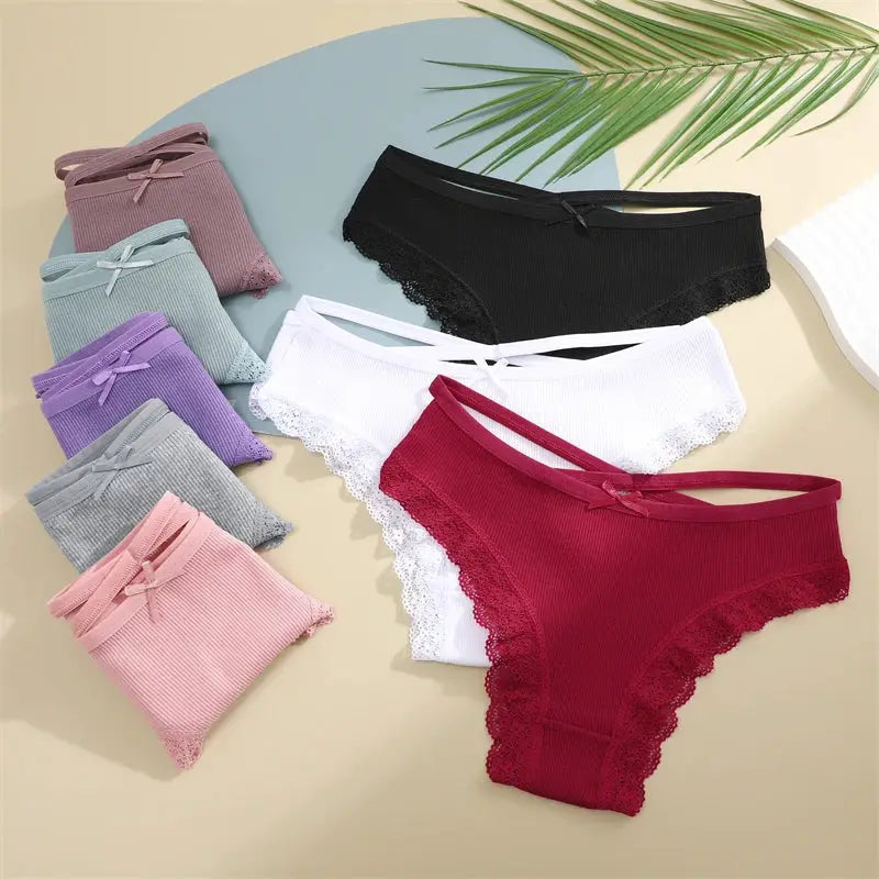 Women's cotton lace-trim panties; 9-pack assorted low-rise with bow accents.