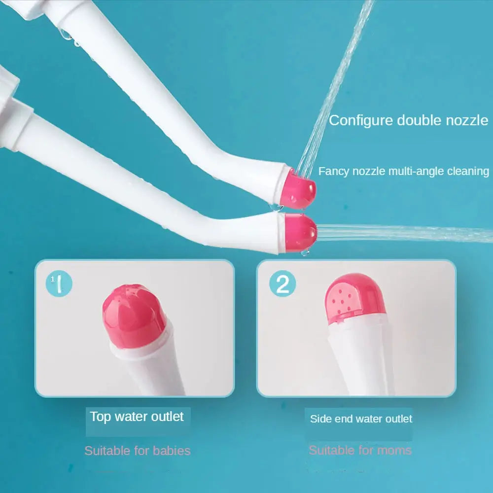 Simples Market portable bidet with dual pink nozzle tips and top/side water outlets for babies and moms