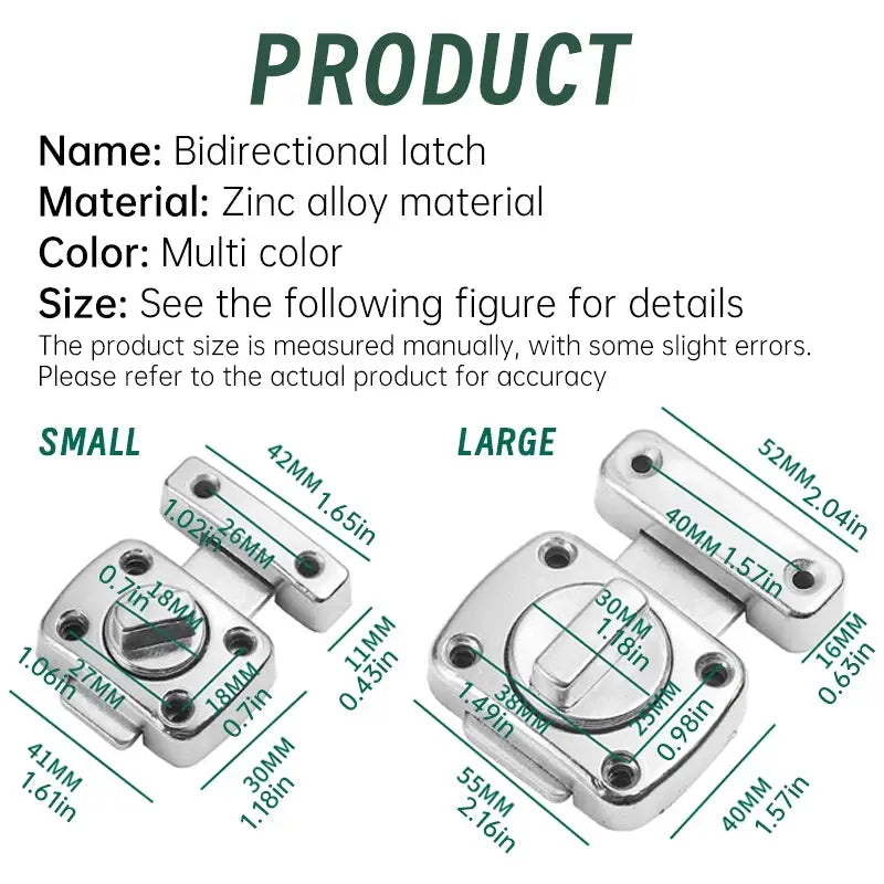 Door latch set by Simples Market with rotating bolt, zinc alloy, silver finish; two sizes shown: small and large
